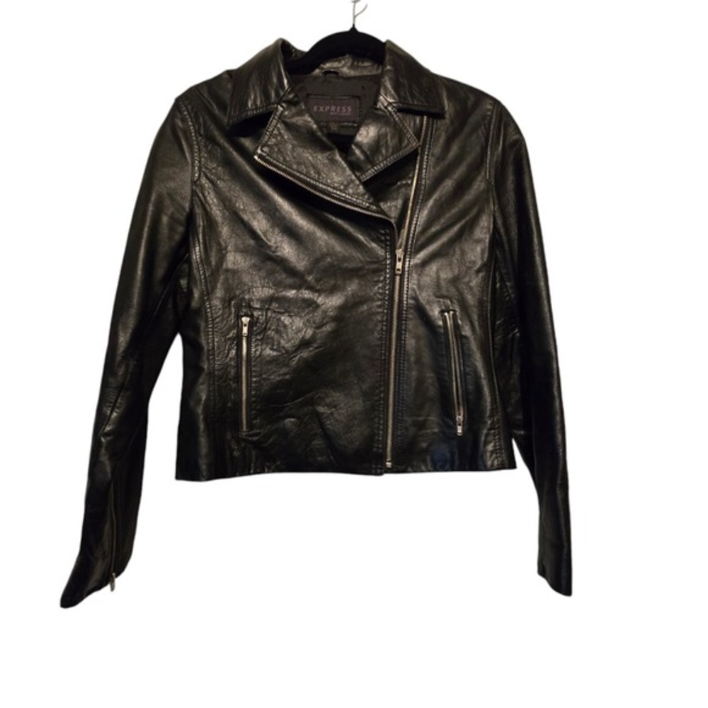 Vtg Express Leather Jacket Sz‎ 5/6 Black Motorcycle Zippers Grunge Goth Punk Y2K